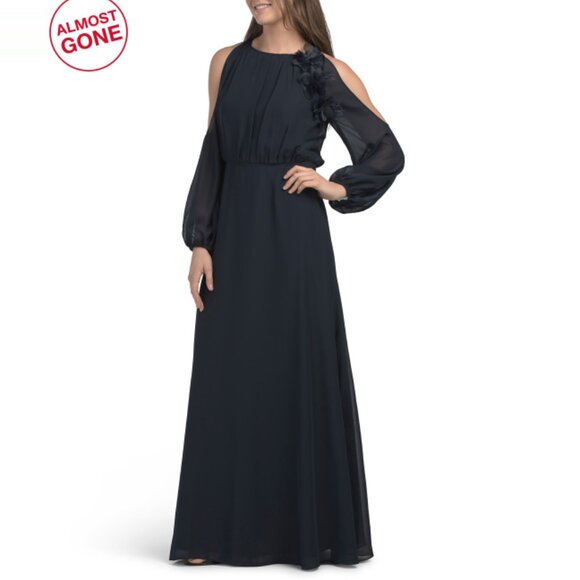 JS COLLECTIONS Navy Long Sleeve Cold Shoulder Gown With 3d Floral Detail - Picture 1 of 2